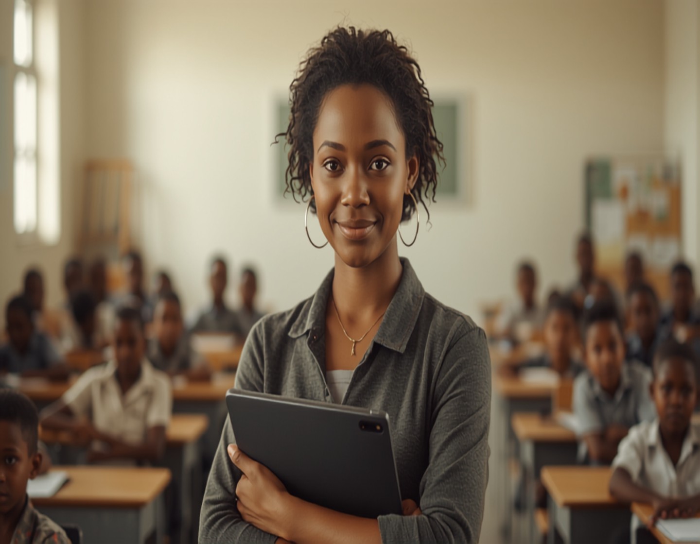 A South African teacher using a tablet with primary school learners in a bright classroom